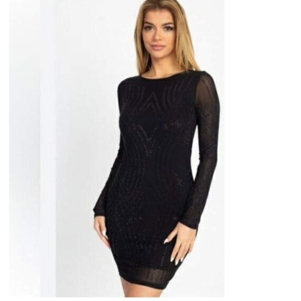 Blashe‎ Iris Black Long Sleeve Sequined Pattern Mini Dress Size L NWT